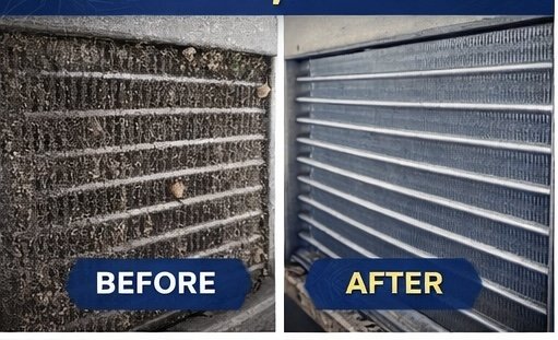 Dirty condenser coil before and after cleaning — a common cause of refrigeration failure
